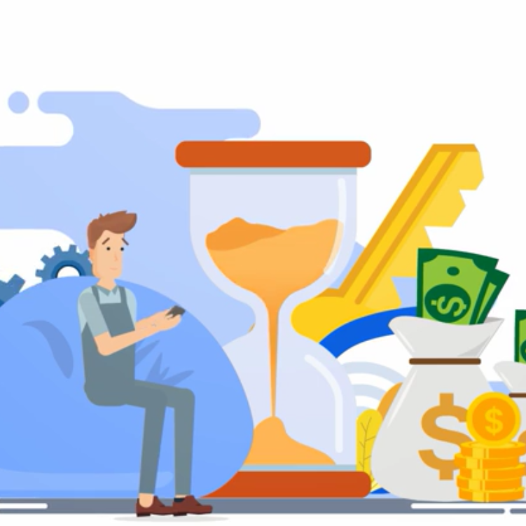 Bénéfices de DigiClés Un homme assis avec un smartphone, des outils, une horloge et de l'argent en arrière-plan.