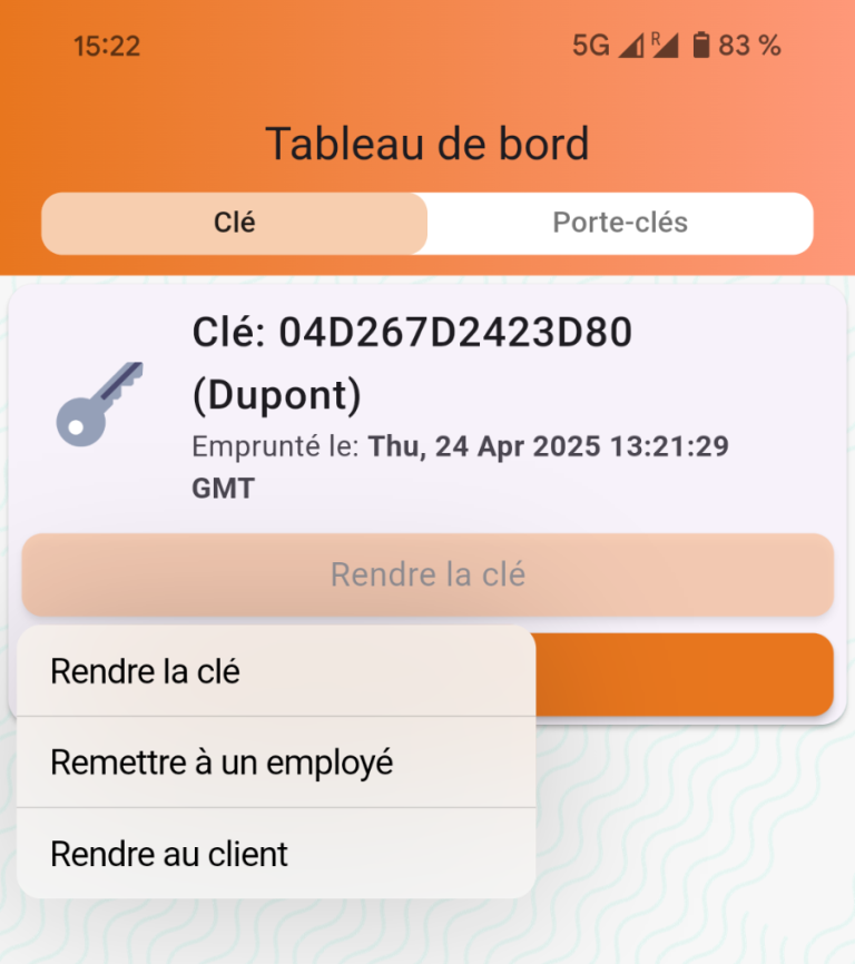Tableau de bord actions pour clés Tableau de bord avec options de retour de clés.