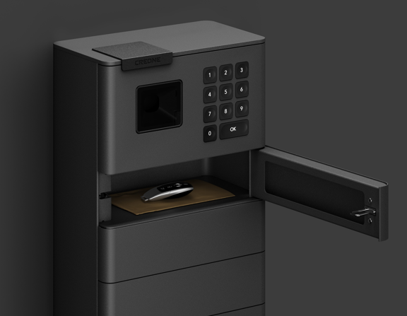 CREONE Keybox Frameless Armoire à casiers pour clés noire avec un écran de saisie et un compartiment ouvert.