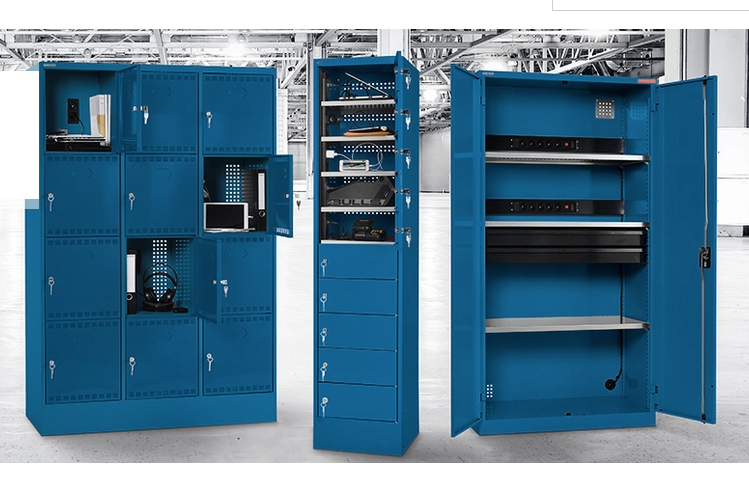 Armoires de recharge pour batteries, outils et matériel informatique Armoire de rangement bleue avec plusieurs compartiments et étagères.