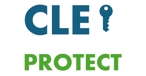 Logo de CLEPROTECT Texte "CLE PROTECT" avec une clé symbolique, en bleu et vert.